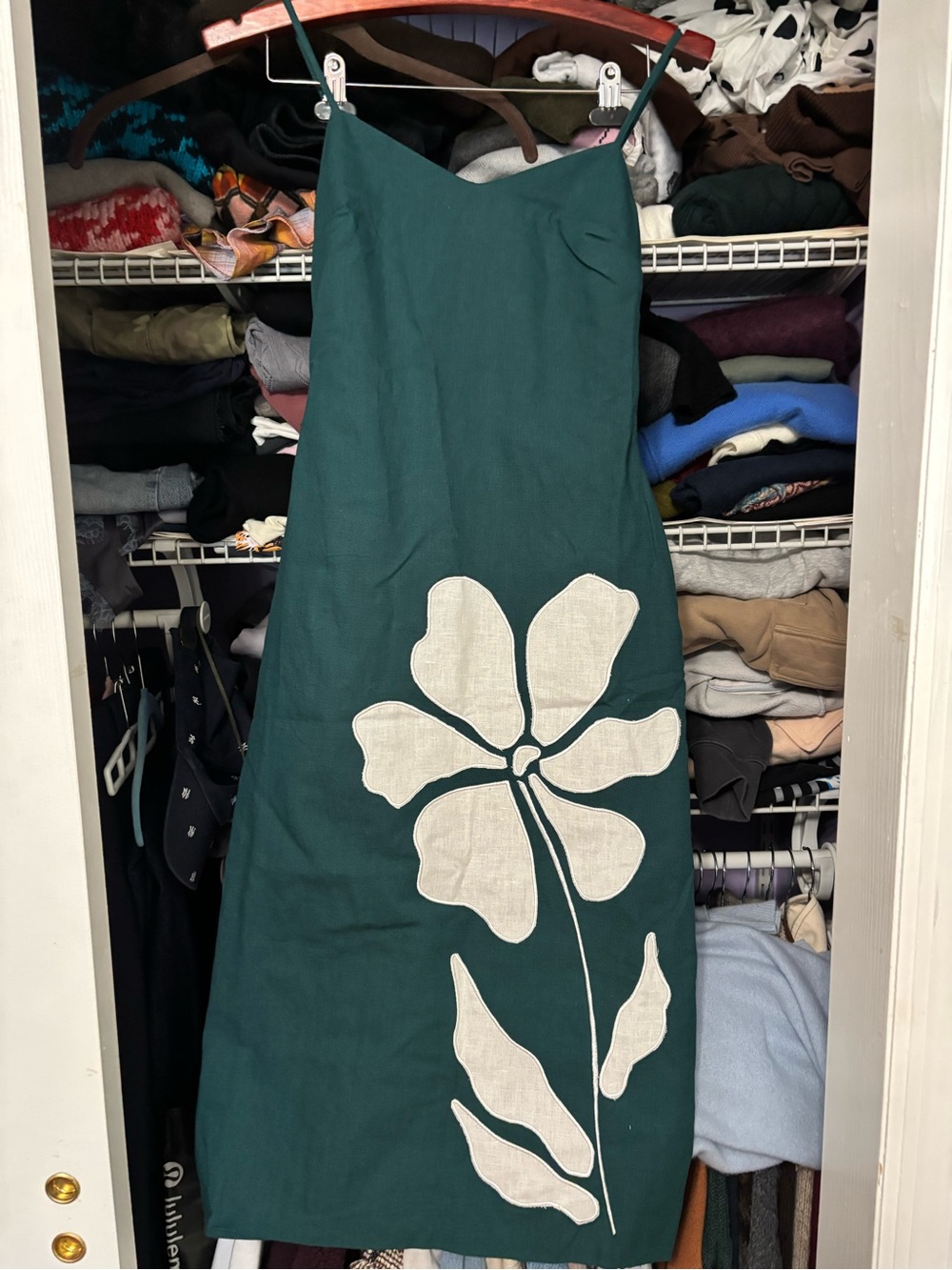 ExquiseEmerald Green Midi Slip Dress with Ivory Floral Appliqué